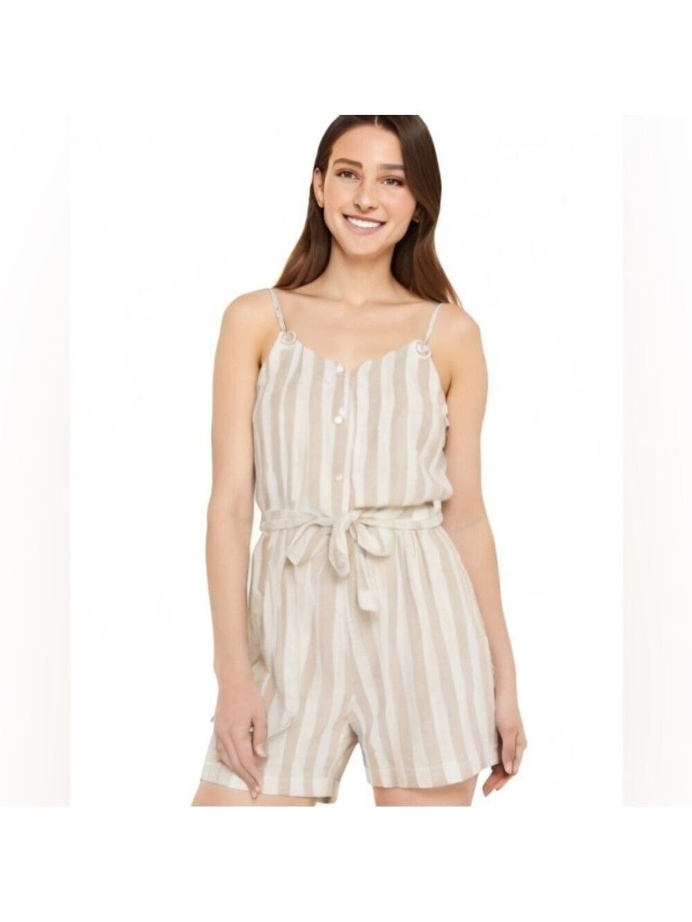 Coco + Jaimeson White And Tan Striped Tie Waist Linen Romper